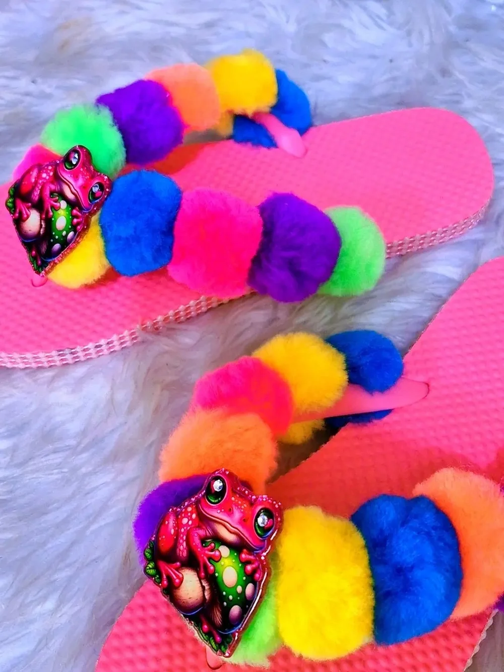 Kids Pink Rainbow Pom-Pom Flip Flops with Frog Accent